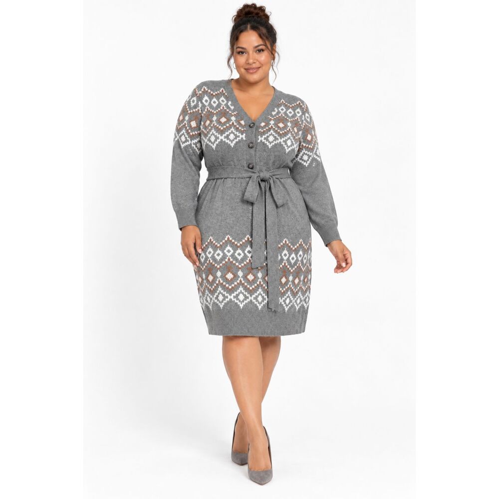 Lucky Brand Snowflake Geometric Cardigan Sweater Dress Gray Sz 2X